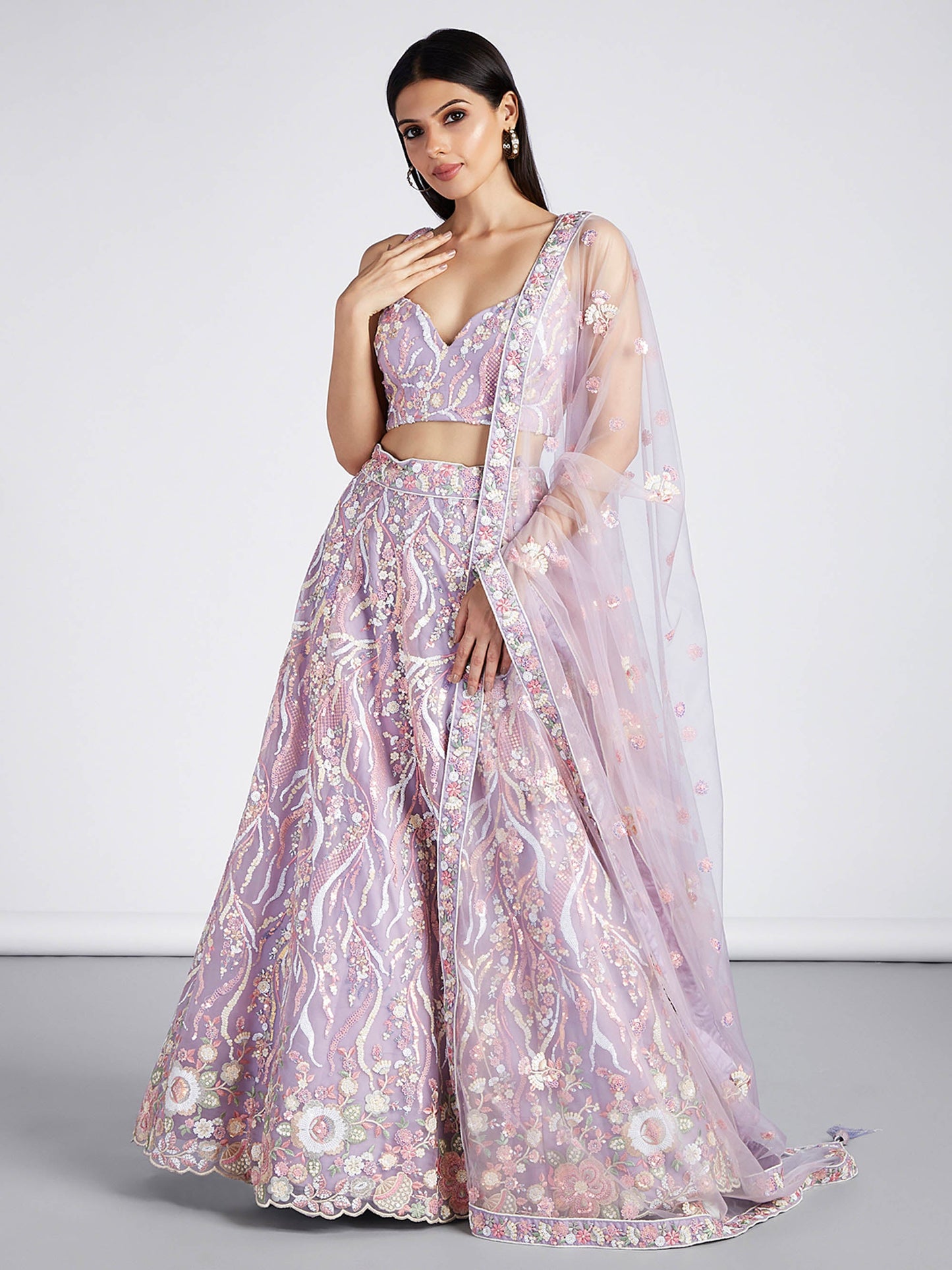 Mauve Net Sequins and thread embroidery Lehenga choli & Dupatta