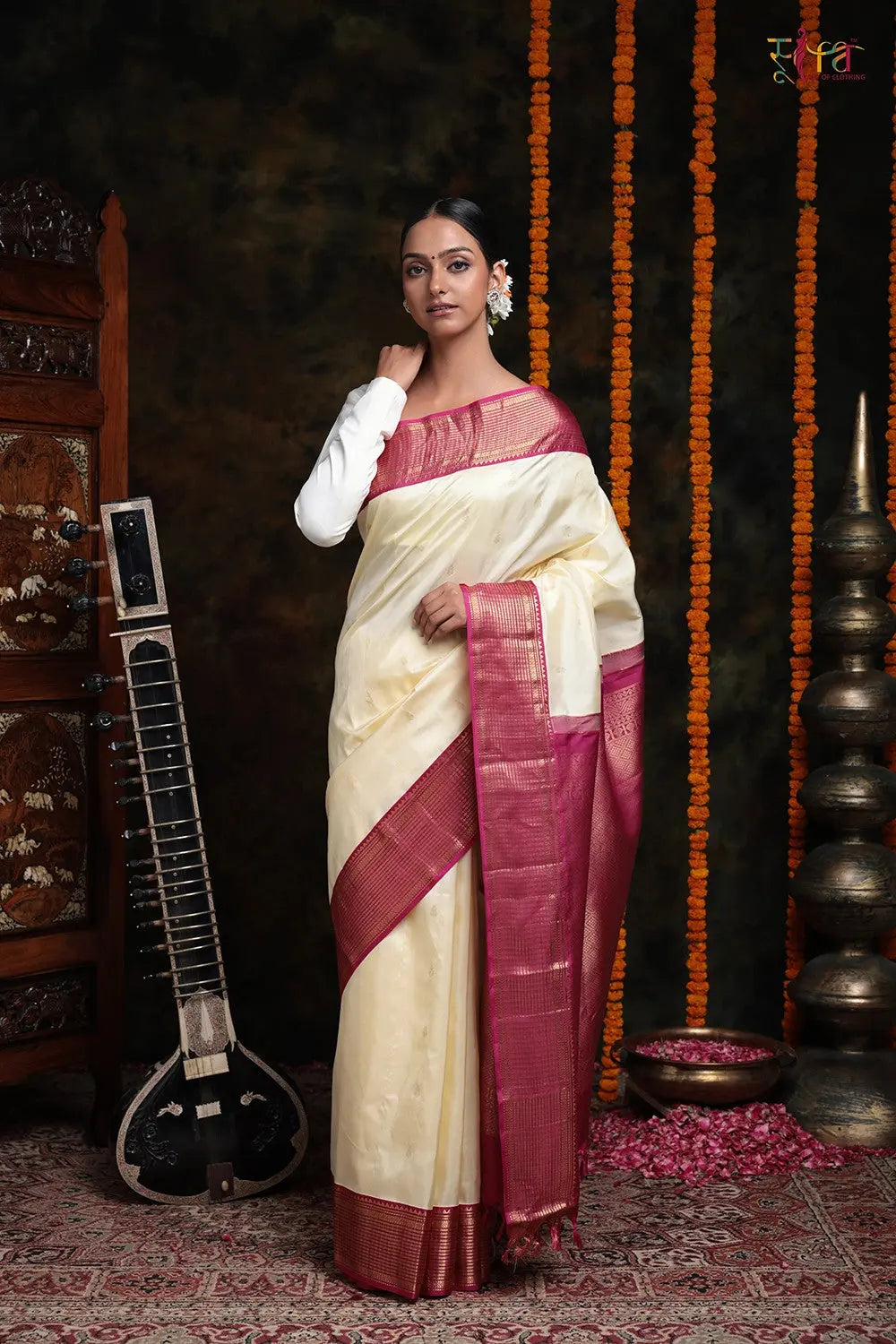 Handloom Cream Kanchipattu Saree With Hot Pink Golden Zari Border
