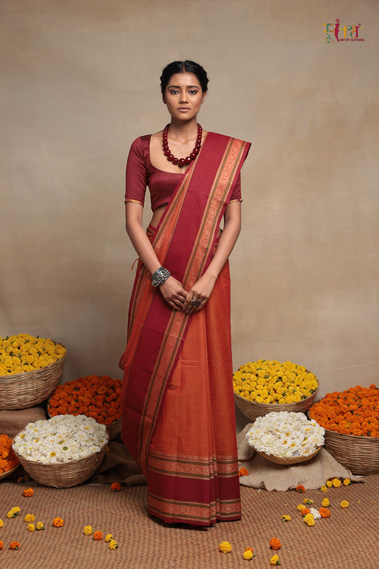 Handloom Neon Orange Kanchi Cotton Saree