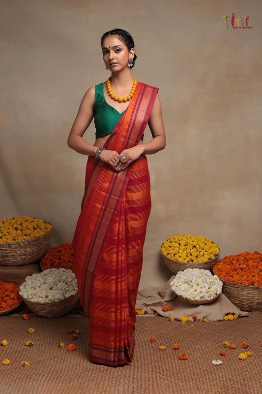 Handloom Orange & Red Pure Cotton Kanchi Saree