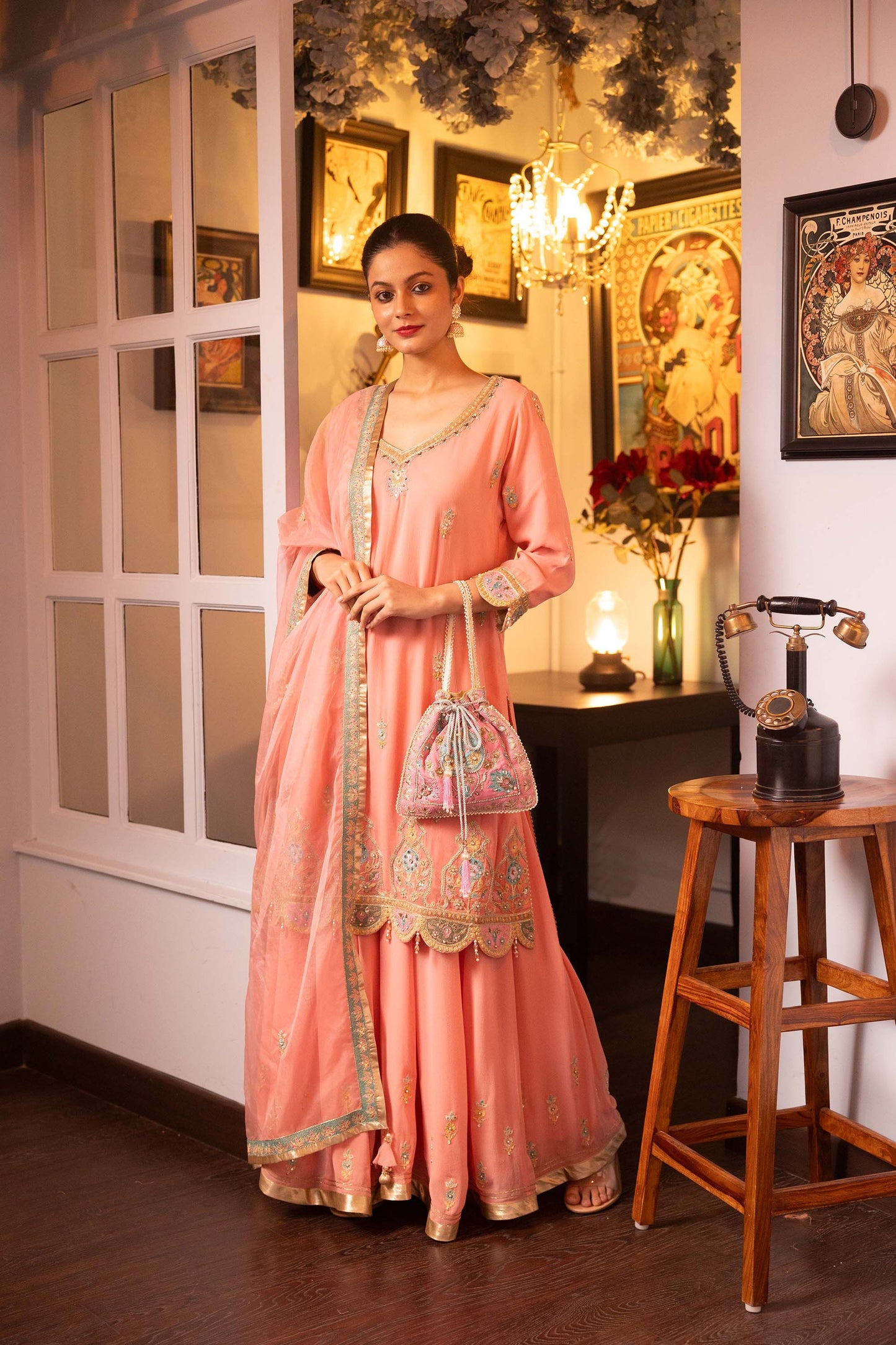 Pietra Dura Pink Georgette Machine Embroidered Party Sharara