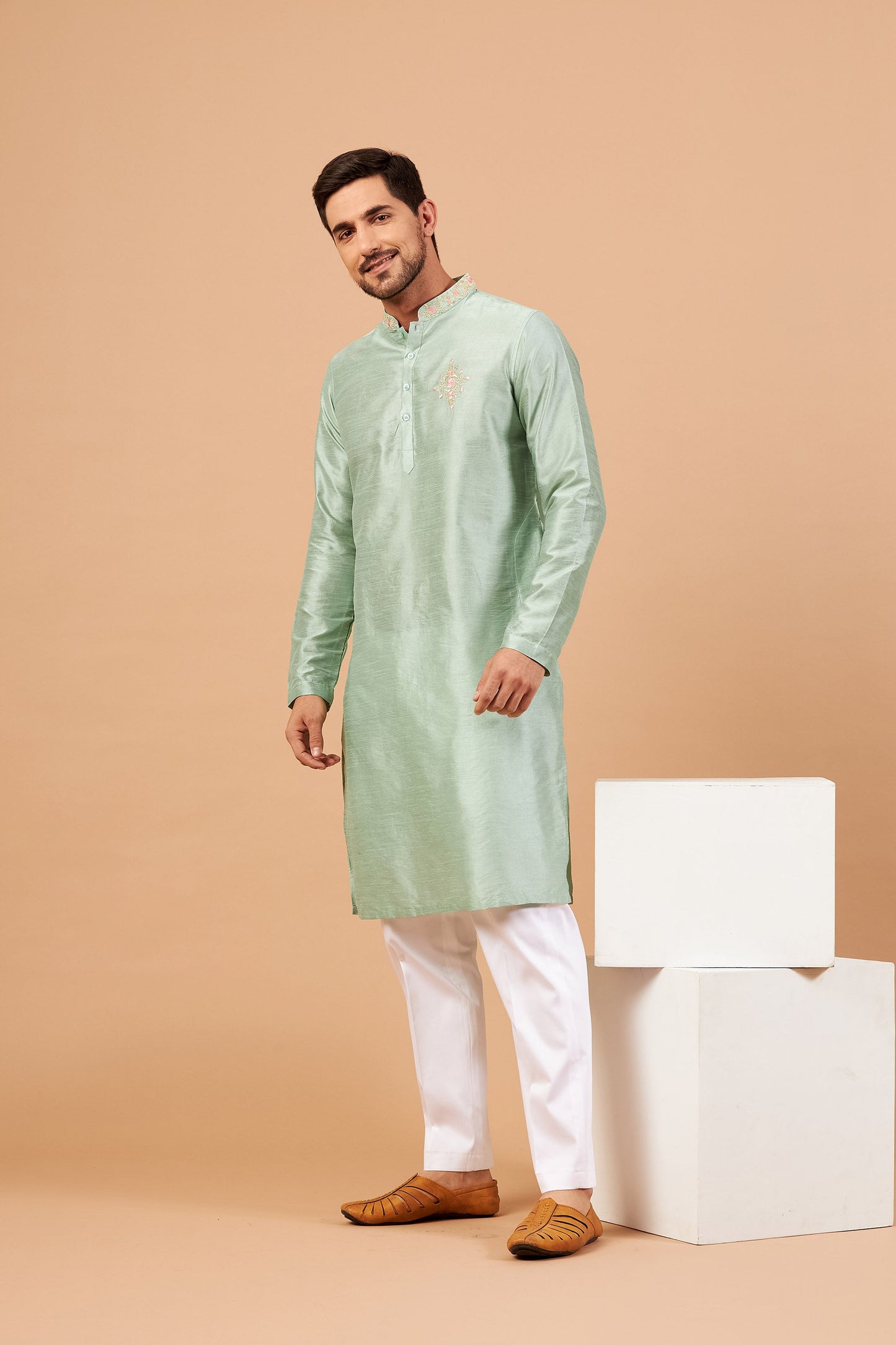 Pastel Green Cotton Embroidery Festive ( only Kurta )