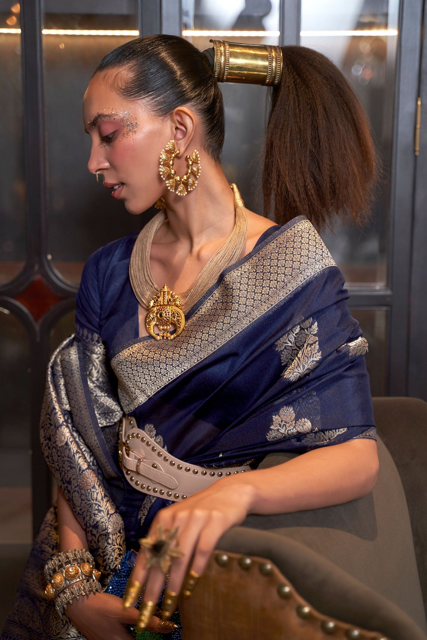 Dark Blue Korsa Georgette Pure Khadi Nylon saree
