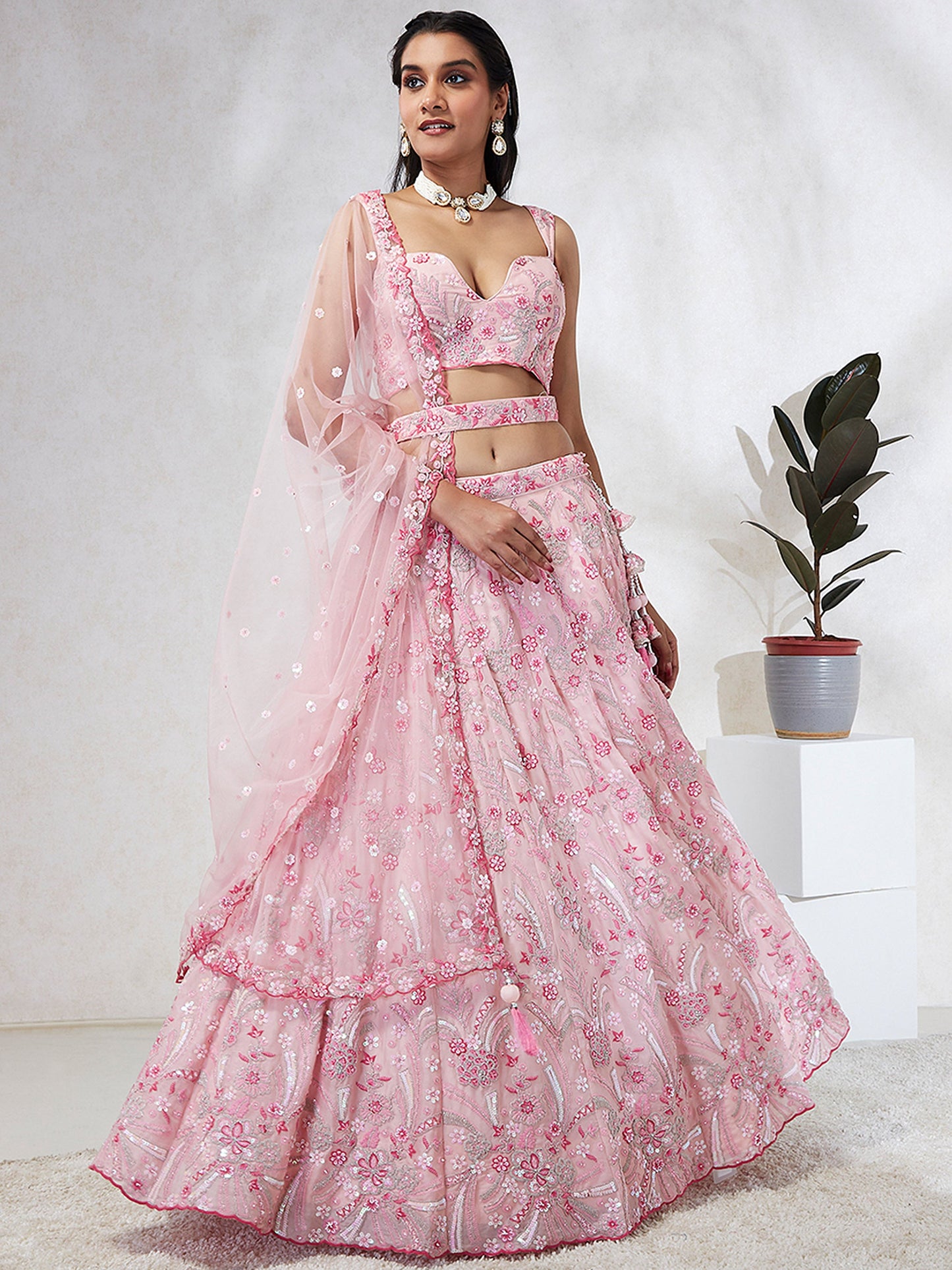 Pink Georgette Sequins and thread embroidery Lehenga