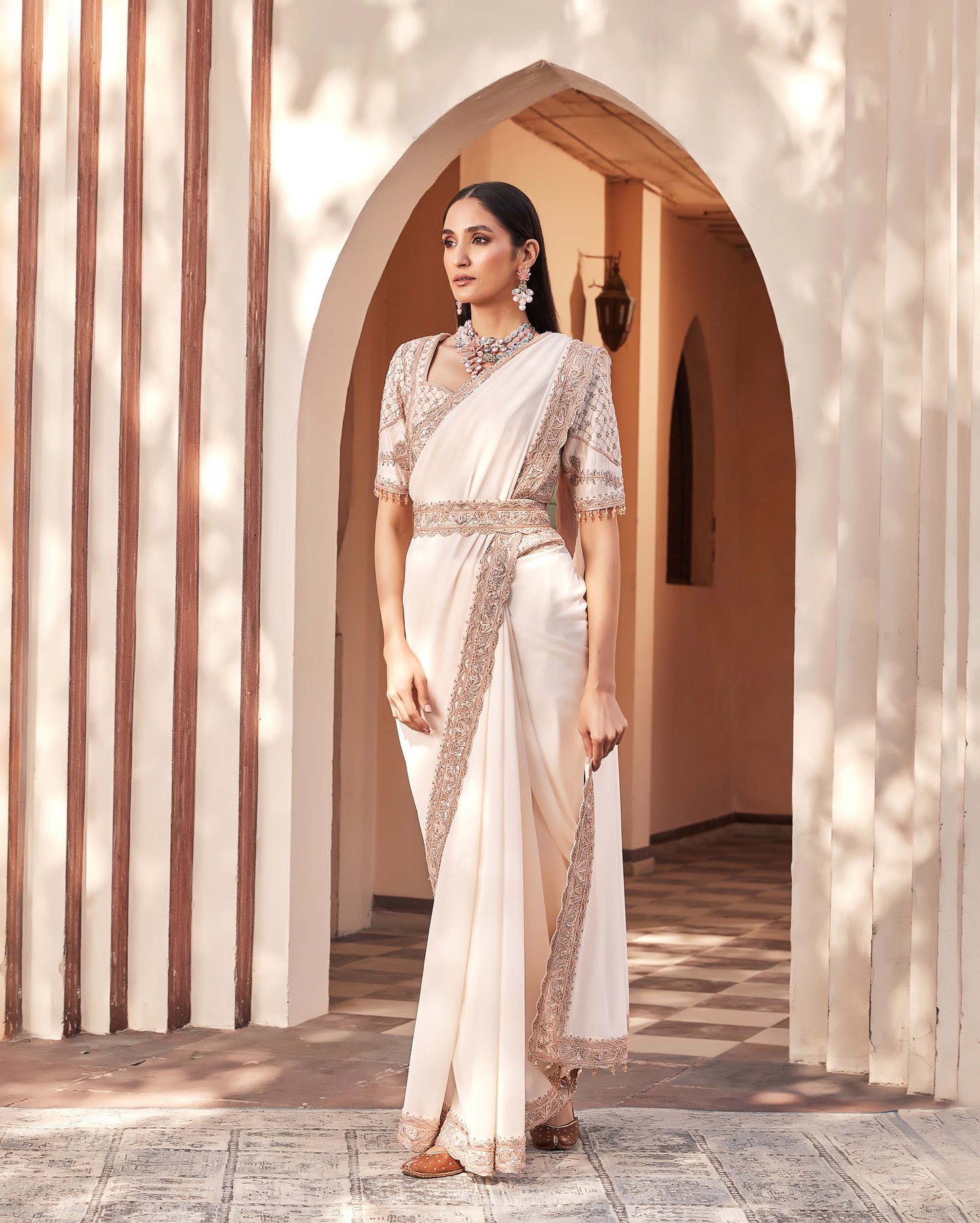 Mughal Light Peach Georgette Embroidered Party Saree