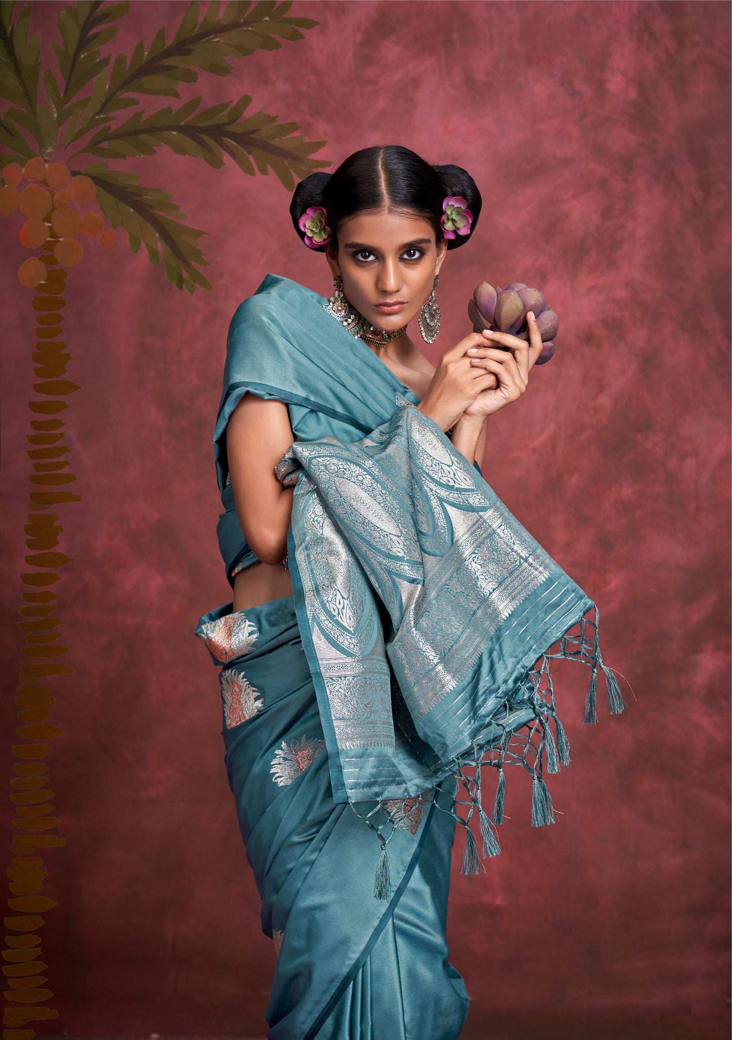 Teal Blue Kanthkala Satin  Silk Handloom Banarasi Zari Weaving Saree