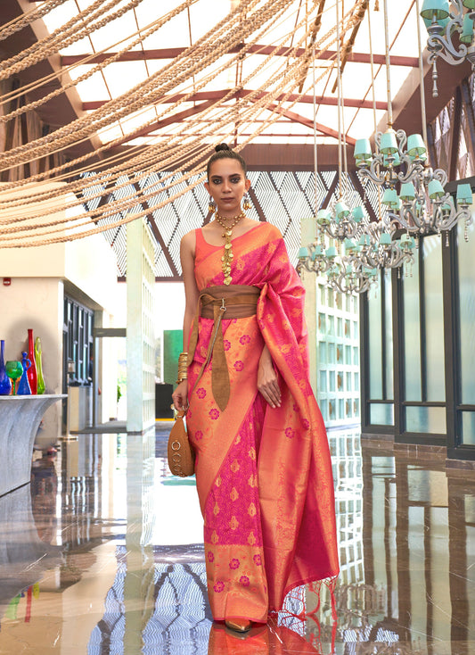 Orange Kalkaa Chaap Handloom silk Saree