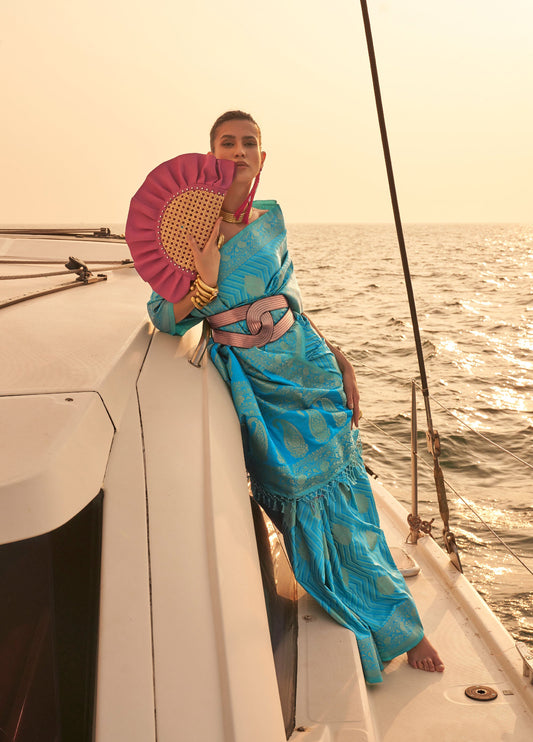 Sea Blue Kingston Pure Satin Nylon two tone saree