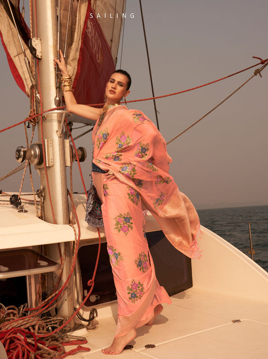 Peach Khibaa Silk Chinnon Nylon Handloom Saree