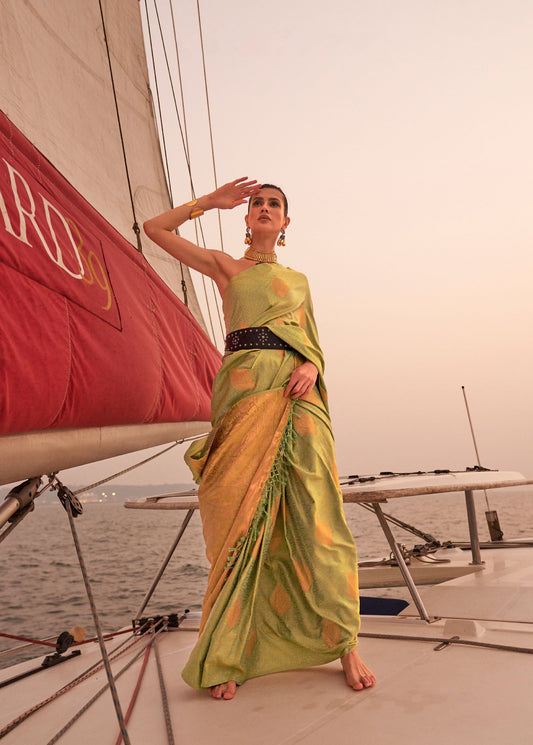 Olive Green Kokoro Satin Two tone handloom weaving saree