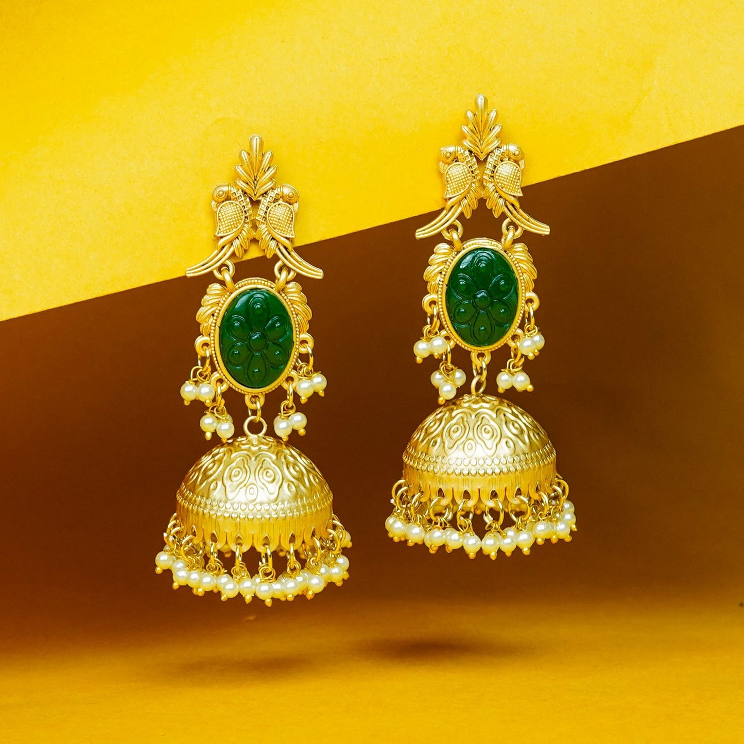 Zevar Club 22K Gold-Plated Pink Carved Stone Jhumka Earrings with Bird Motif & Pearls Drops