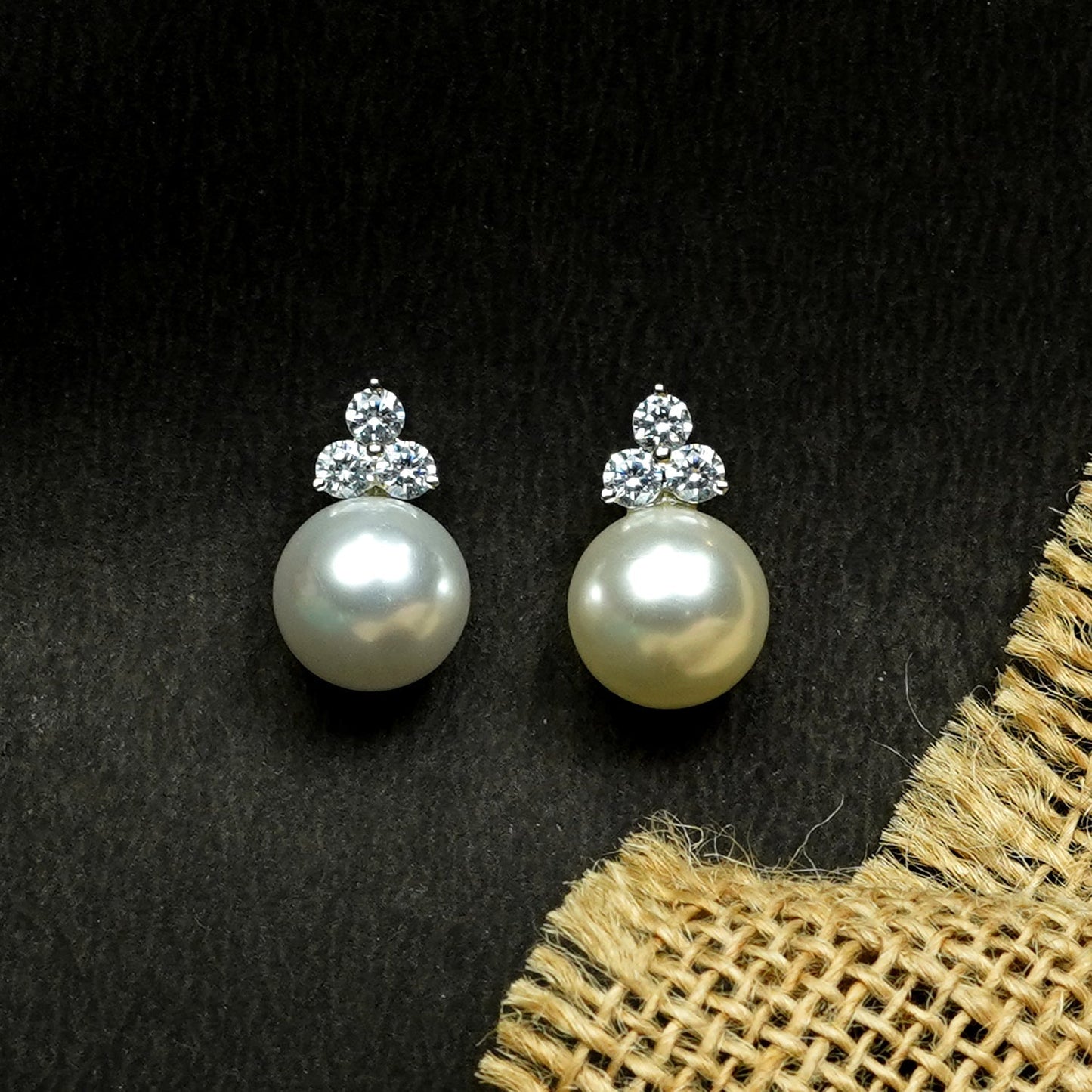 Zevar Club Rhodium-Plated Handcrafted Cubic Zirconia & White Pearl Stud Earrings