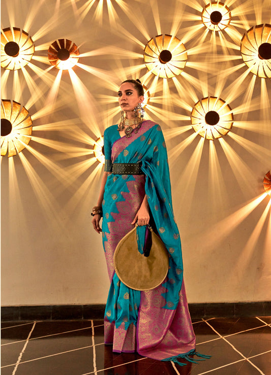 Teal Kornella Chaap Handloom Silk Saree