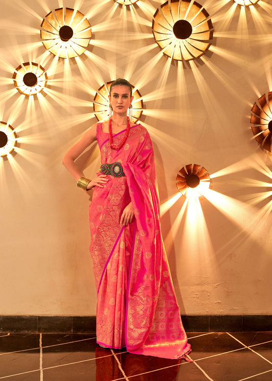 Coral Pink Kornella Chaap Handloom Silk Saree