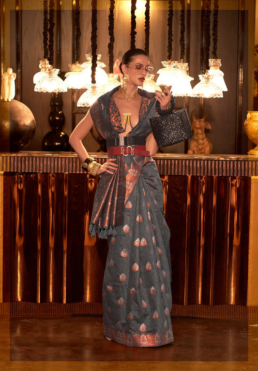 Dark Grey Klassima Linen Pure Linen Zari woven saree