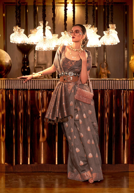 Brown Klassima Linen Pure Linen Zari woven saree