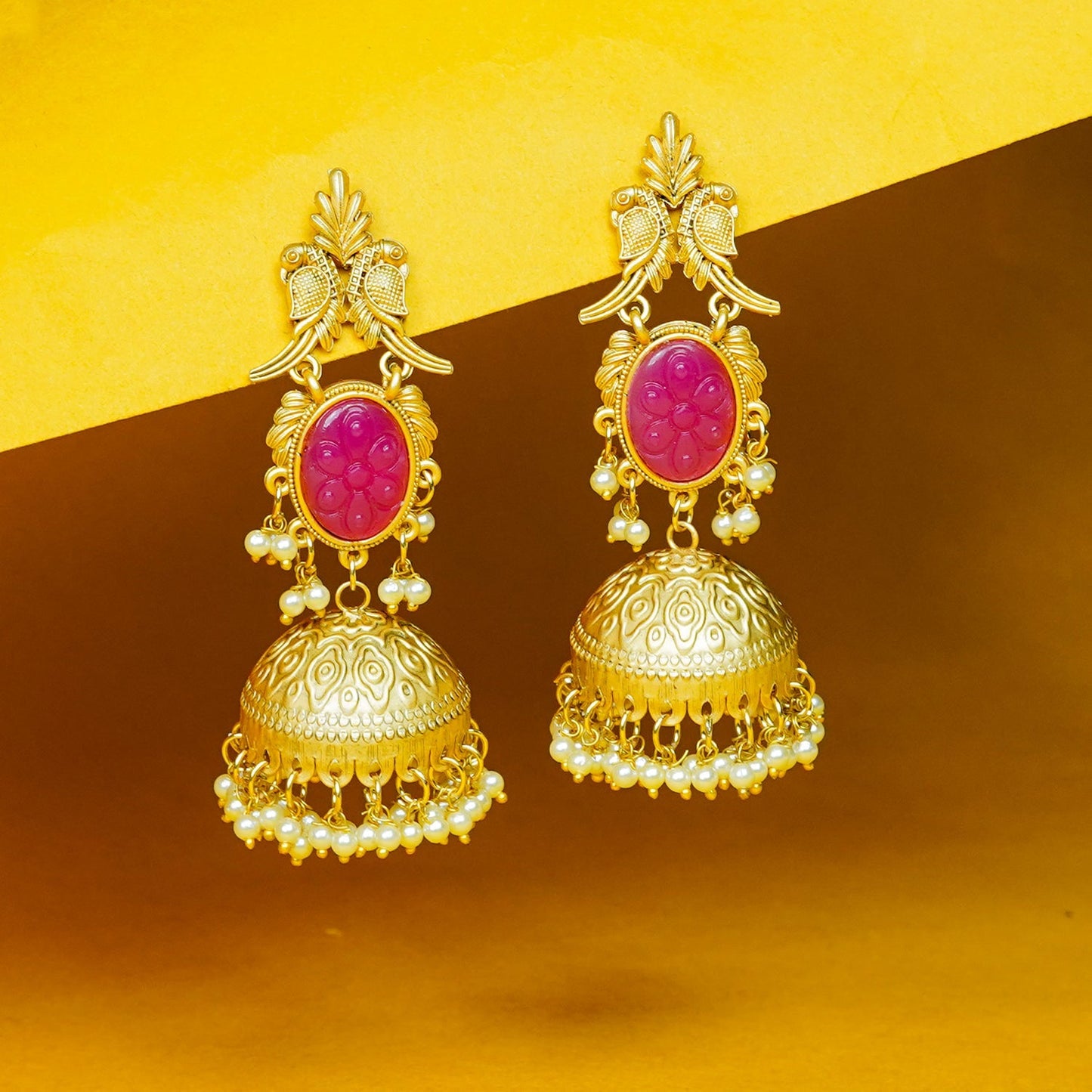 Zevar Club 22K Gold-Plated Ink Blue Carved Stone Jhumka Earrings with Birds & Pearls Drops
