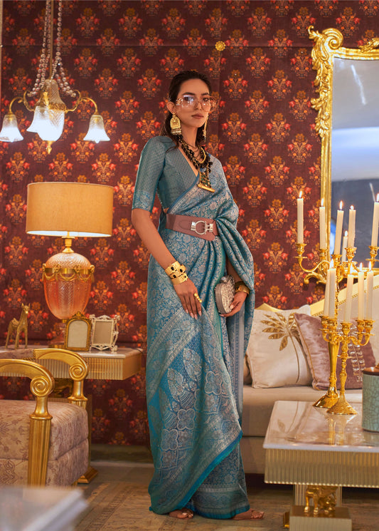 Teal Blue Kabby Nylon Zari Silk Handloom Saree