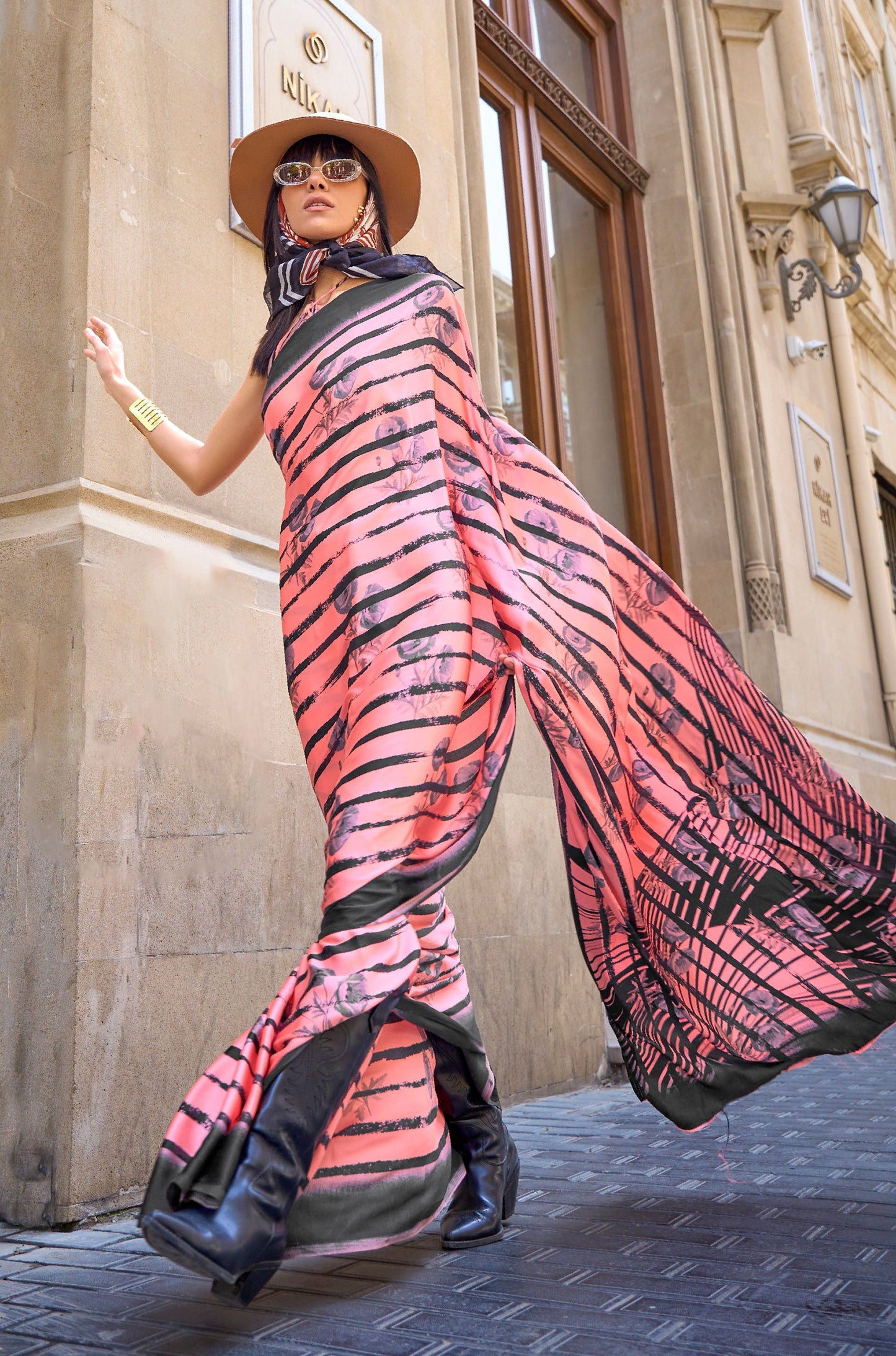 Coral Stripes Kubik Print Satin Saree