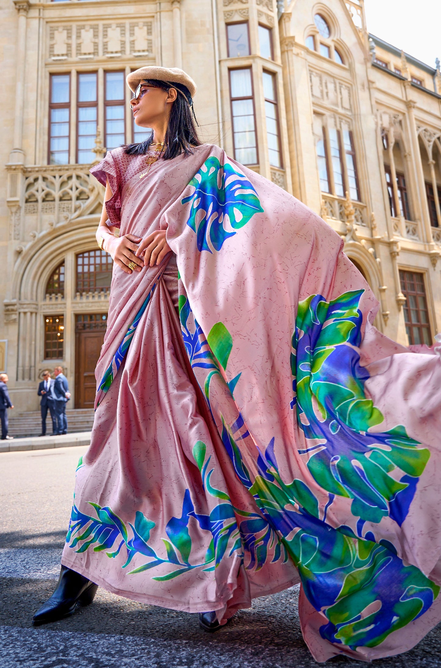 Light PInk Floral Kubik Print Satin Saree