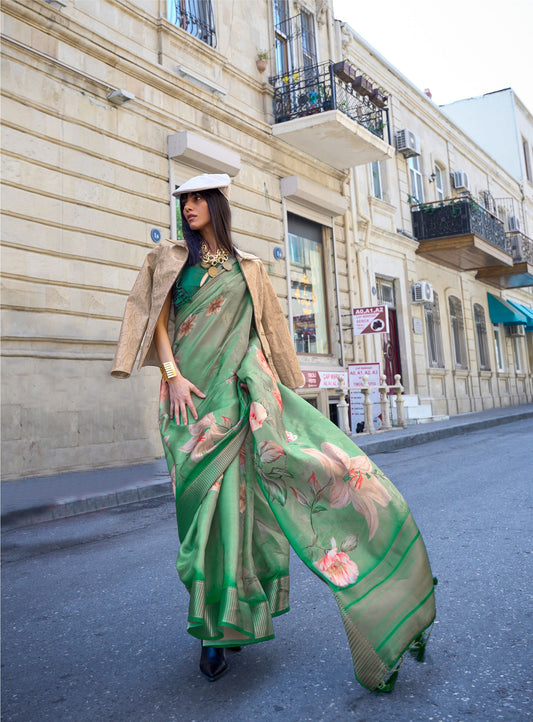 Green Klay Print Satin Organza Saree