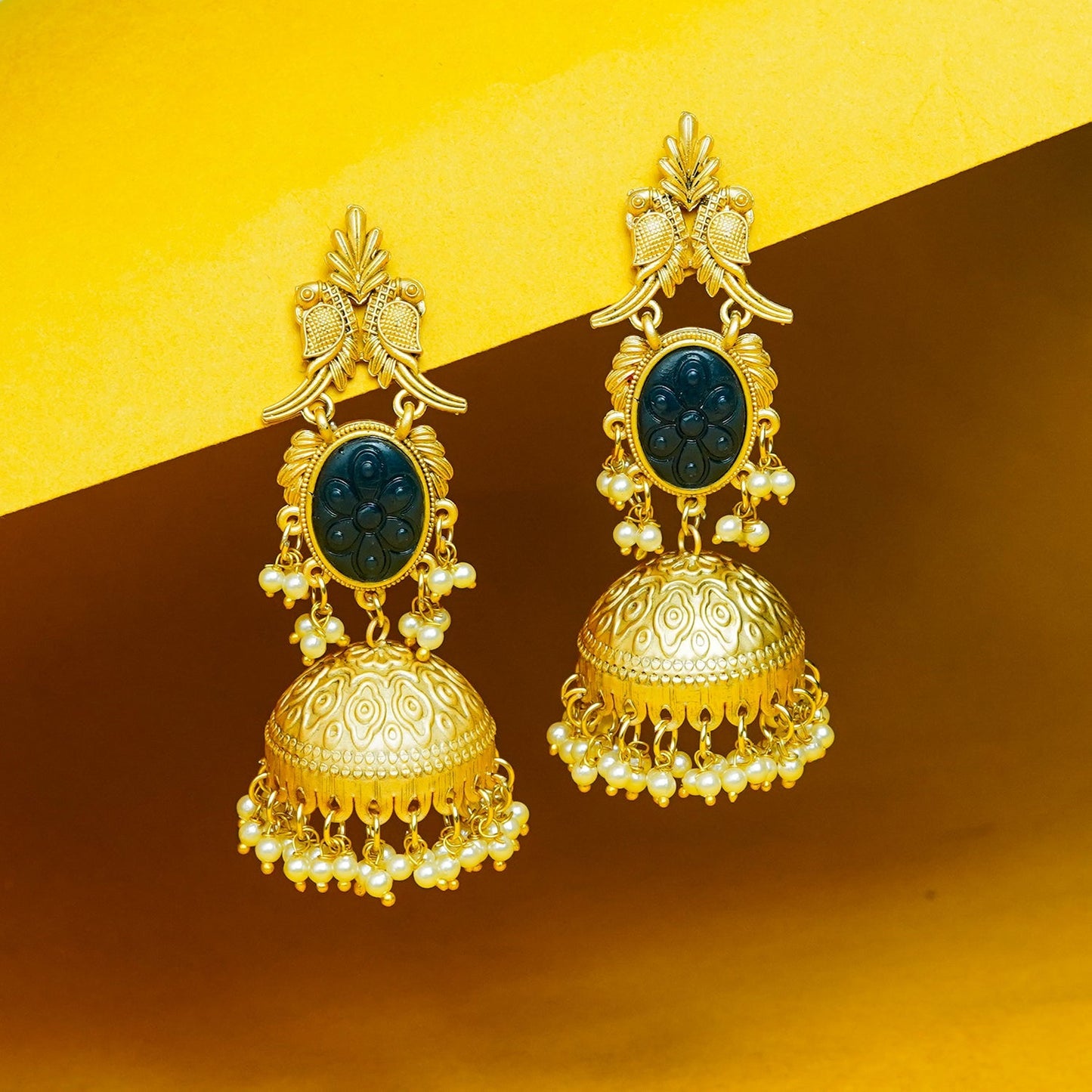 Zevar Club 22K Gold-Plated Pink Carved Stone Jhumka Earrings with Bird Motif & Pearls Drops