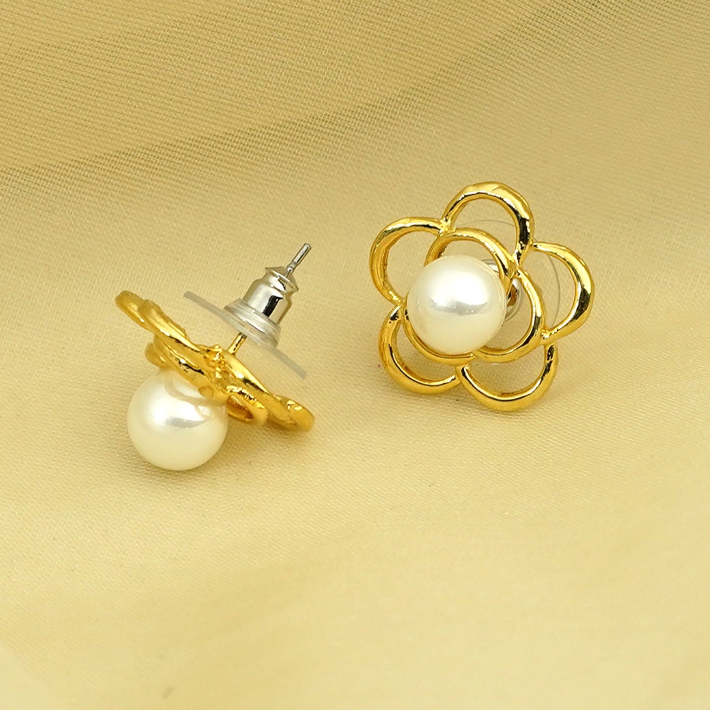 Zevar Club Gold Tone Glossy White Pearl Beaded Open Petal Floral Stud Earrings for Women