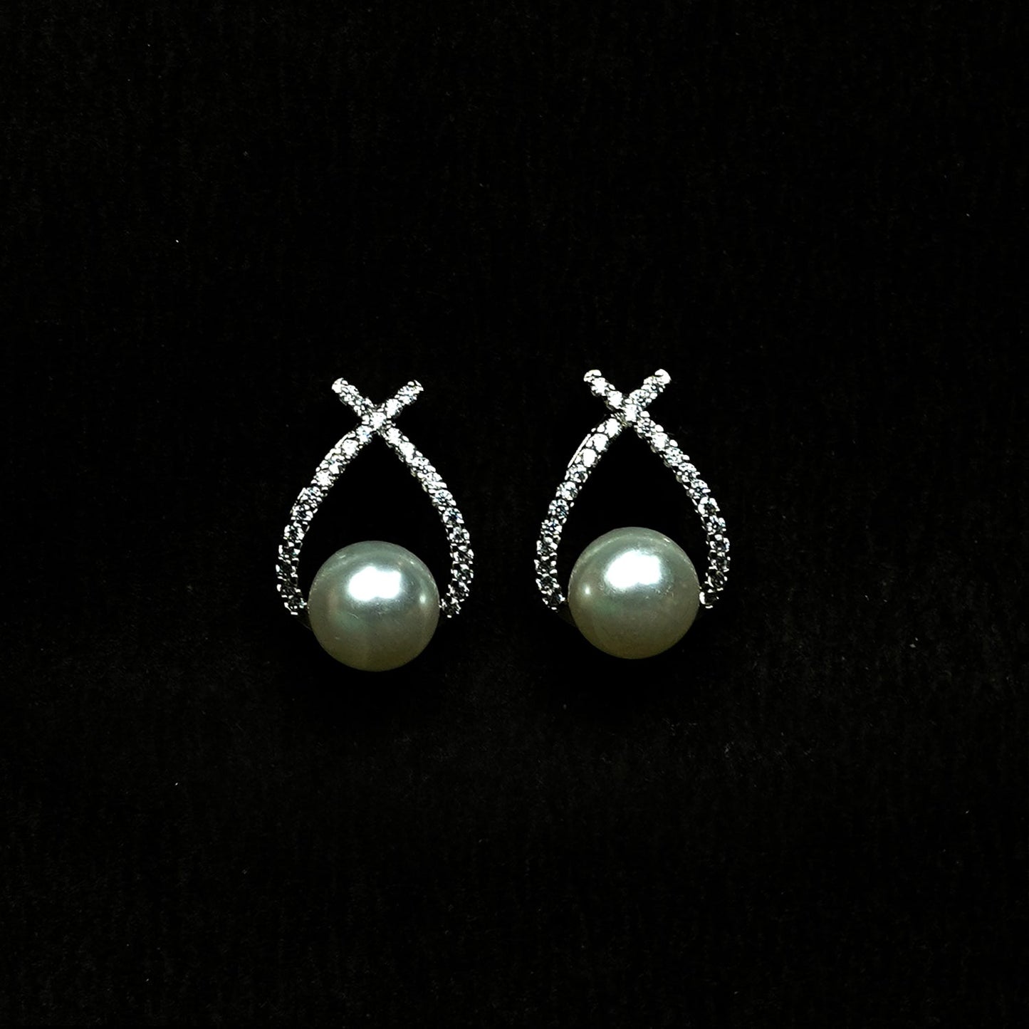 Zevar Club Rhodium-Plated Handcrafted Cubic Zirconia & White Pearl Loop Stud Earrings