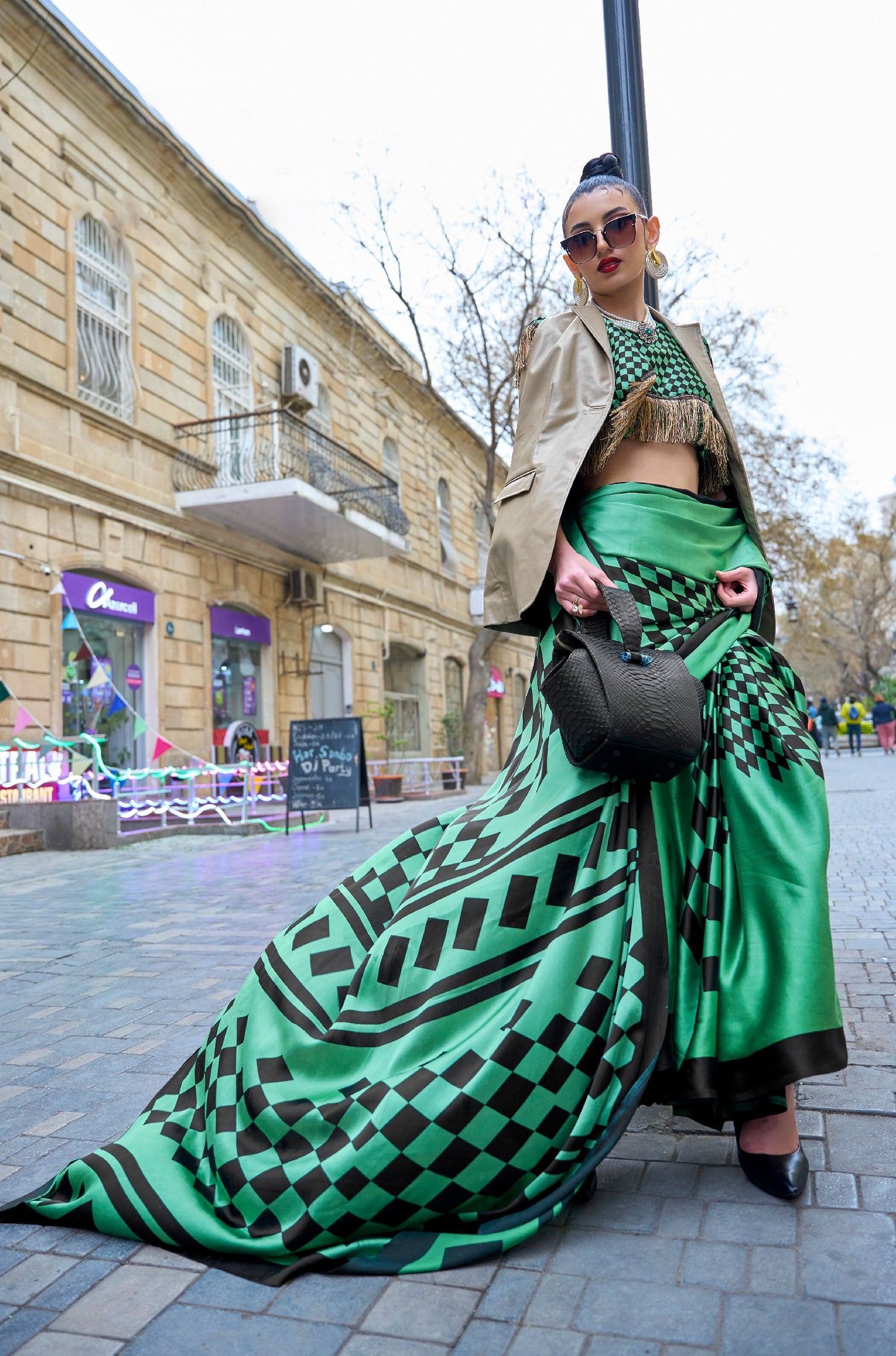 Dark Green Klutch Japan Satin Print Saree