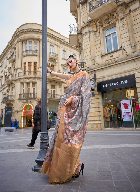 Gold and Bronze Kinsel Printed Poly Handloom Saree