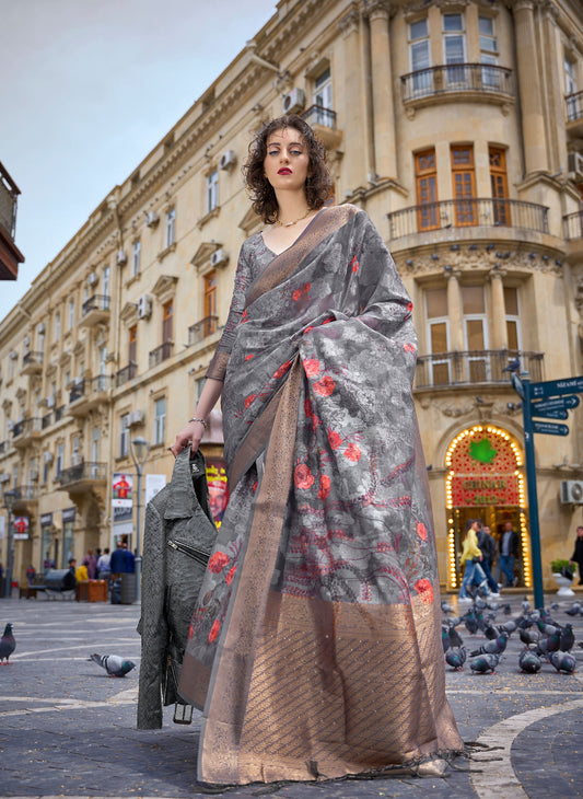 Dark Grey Floral Kinsel Printed Poly Handloom Saree