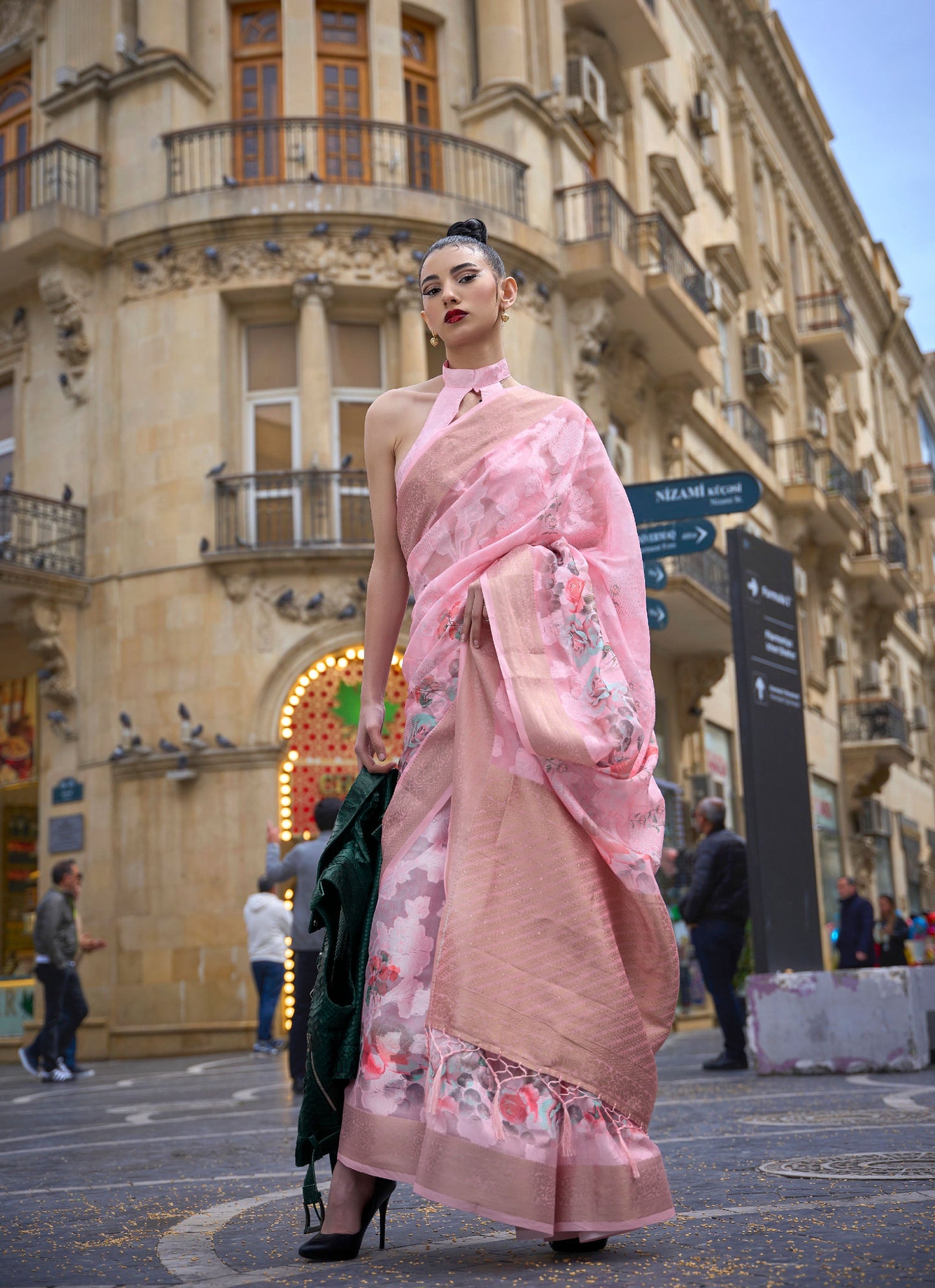 Pink Floral Kinsel Printed Poly Handloom Saree