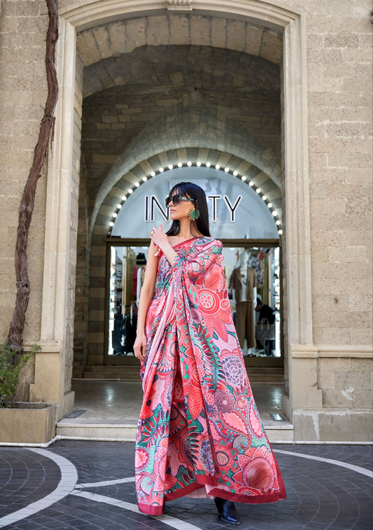 Pink Multi Pattern Klora Satin Crepe Digital Print Saree