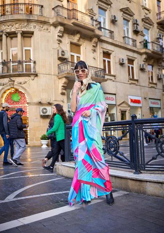 Mint Green Abstract Krayon Pure Silk Crepe Print Saree