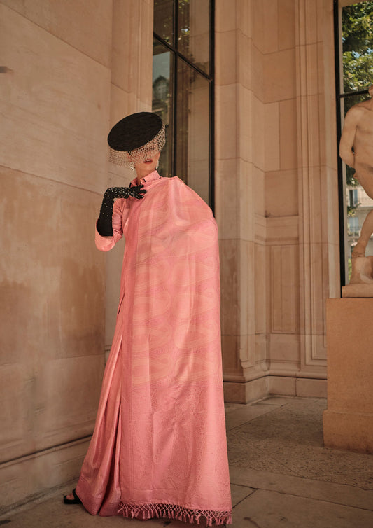 Peach Kyha Pure Satin Handloom Saree