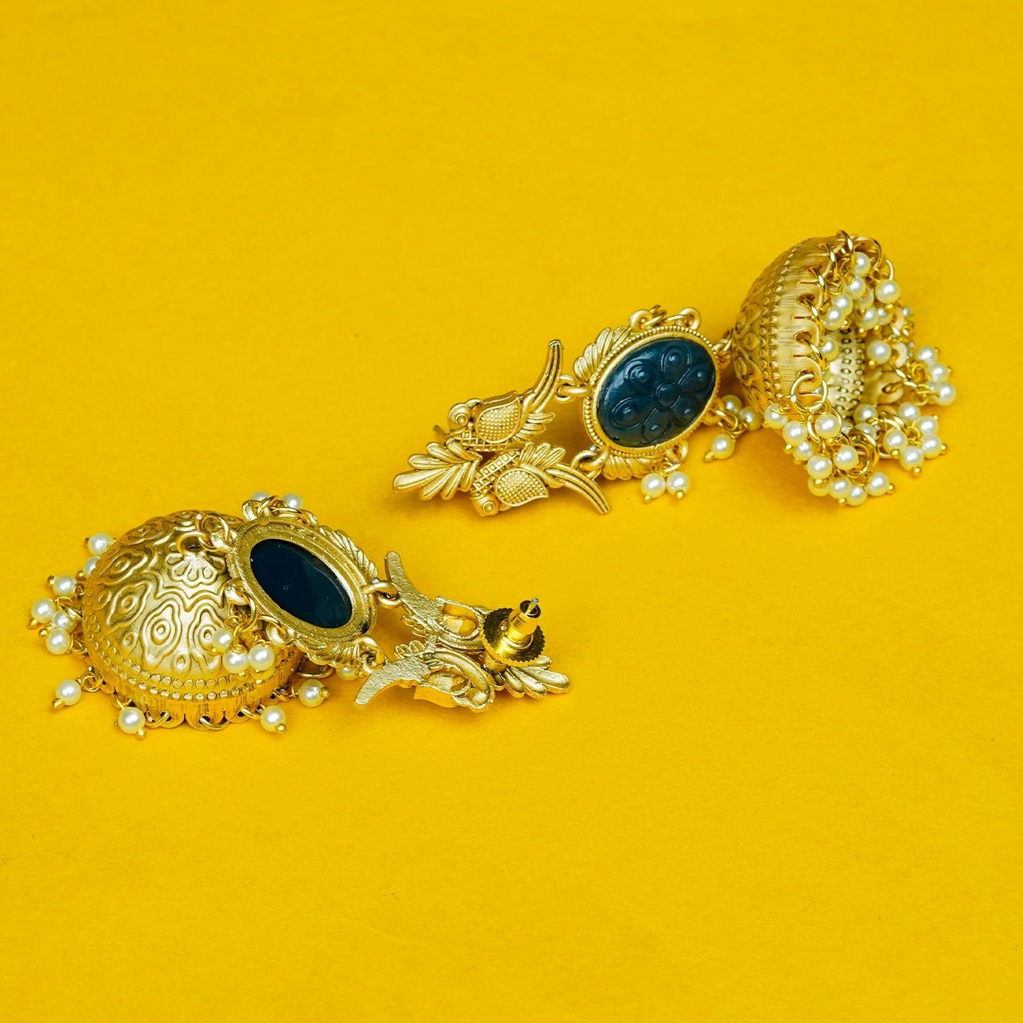 Zevar Club 22K Gold-Plated Ink Blue Carved Stone Jhumka Earrings with Birds & Pearls Drops
