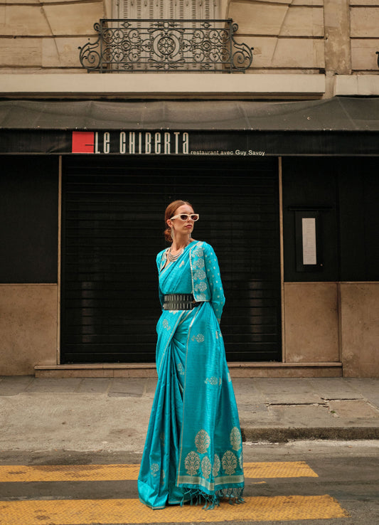 Turquoise Kronicle Pure Satin Zari Handloom Saree