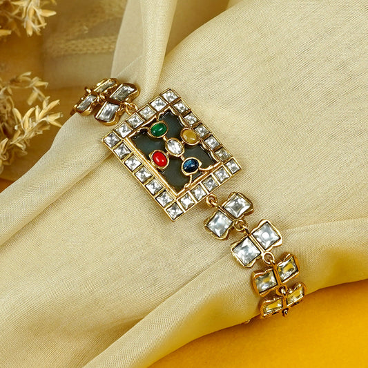 Zevar Club Gold Tone Multicolor Kundan Stone Studded Rectangular Motif Handcrafted Statement Bracelet for Women