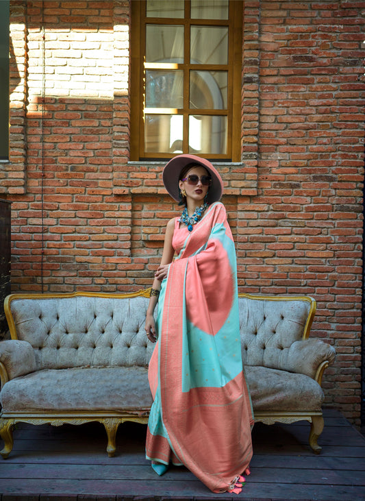 Light Blue Peach Koche Soft Silk Handloom Saree