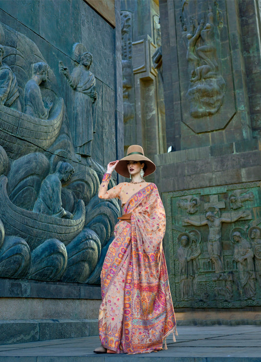 Cream Kashneer Organza Kashmiri Handloom Silk Saree