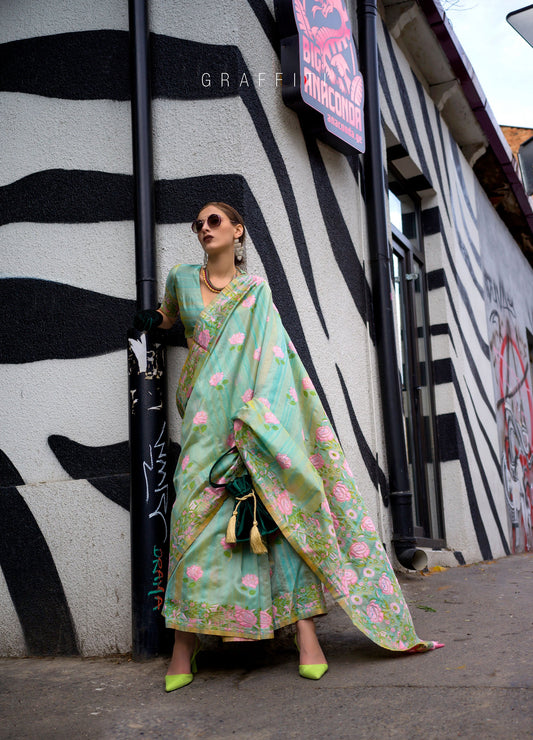 Mint Green Krafitti Parsi weave handloom Silk Saree