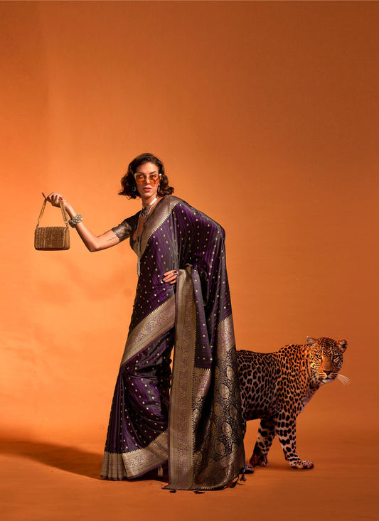 Deep Purple Karnaal Pure Satin Handloom Silk Saree