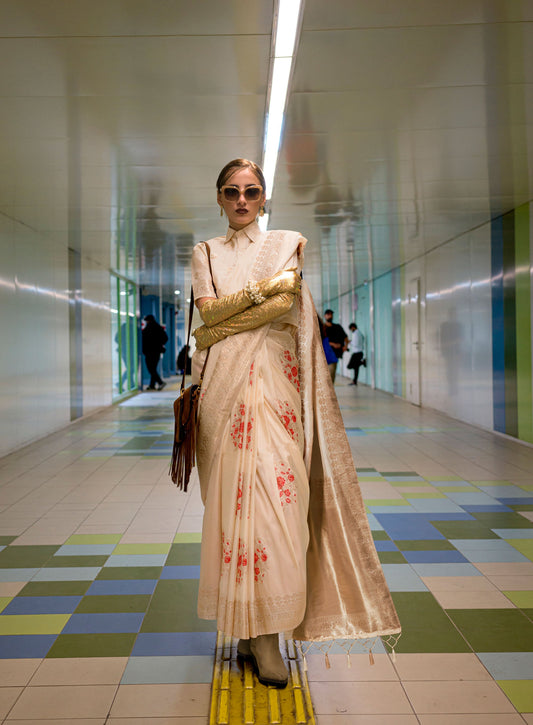 Cream Kytoto Habutai Silk Handloom Saree