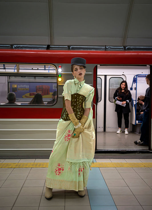 Pista green Kytoto Habutai Silk Handloom Saree