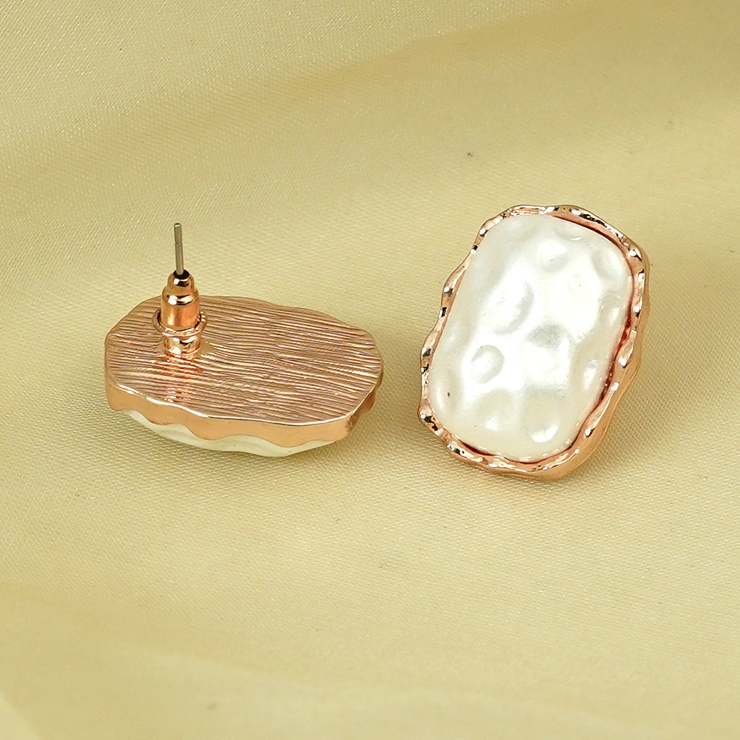 Zevar Club Rose Gold Tone White Pearl-Textured Sculpted Frame Stud Earrings for Women