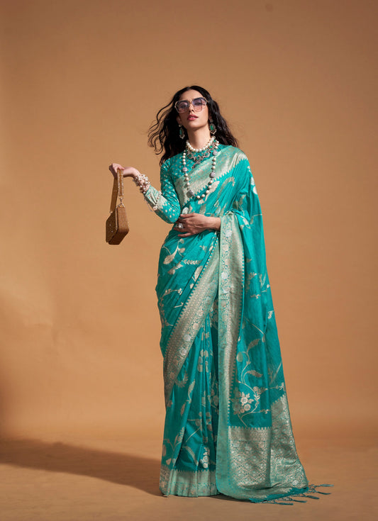 Turquoise Kocktail Georgette Handloom Saree
