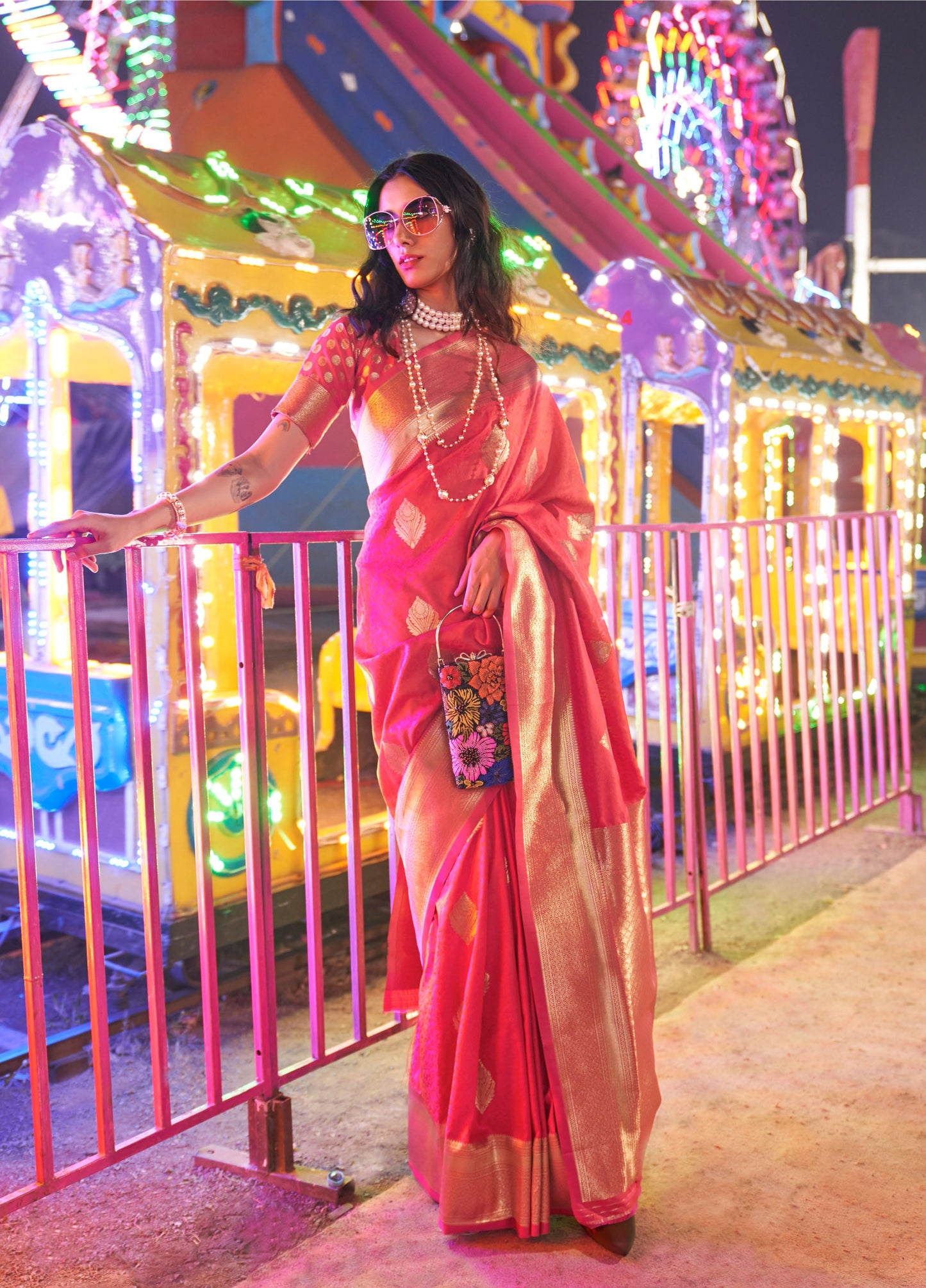 Coral Peach Karnival Handloom Silk Saree