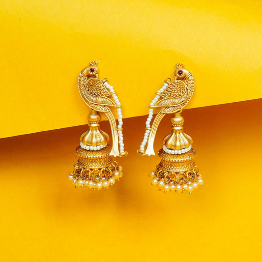 Zevar Club 18K Gold-Plated Bird Motif Ethnic Jhumka Earrings with White Pearl Beads & Dome Drop