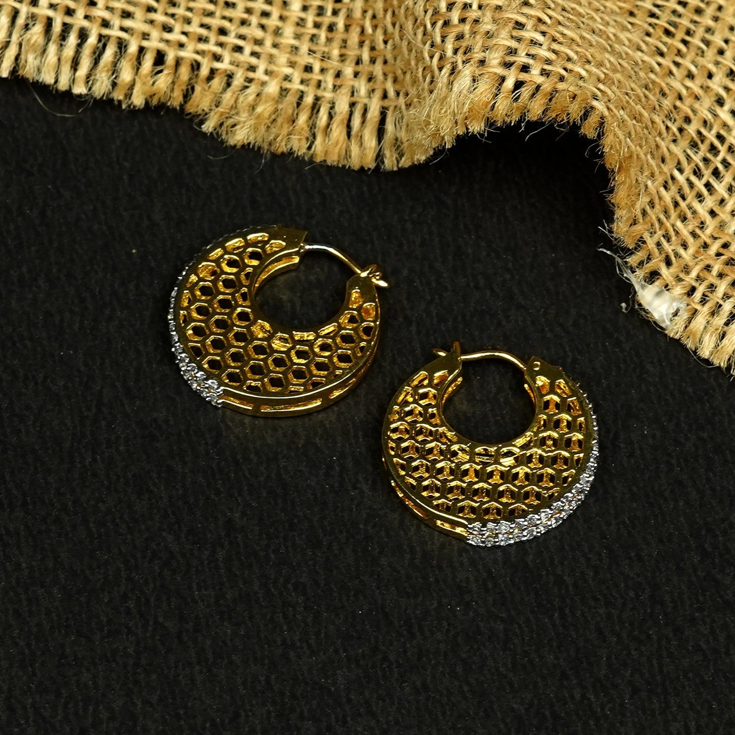 Zevar Club 22K Gold-Plated Marquise Cubic Zirconia Studded Demi-Fine Textured Hoop Earrings