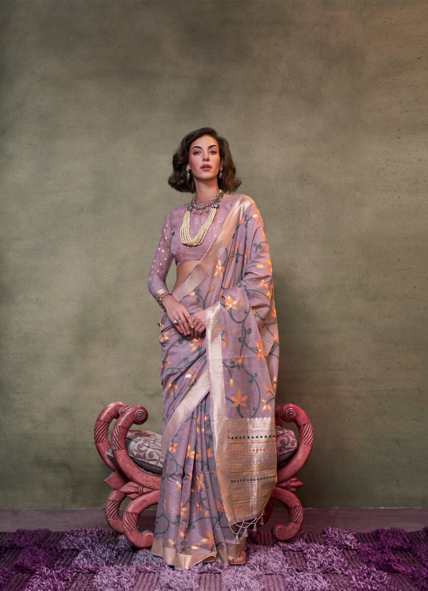 Lavender Kamdani Handwoven Jamdani Spun Saree